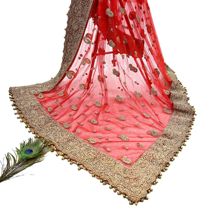 Indian Vintage Heavy Bridal Red Dupatta Net Mesh Long Stole Hand Embroidered Scarves Golden Zardozi Dabka Zari Sequins Wedding Veil Hijab