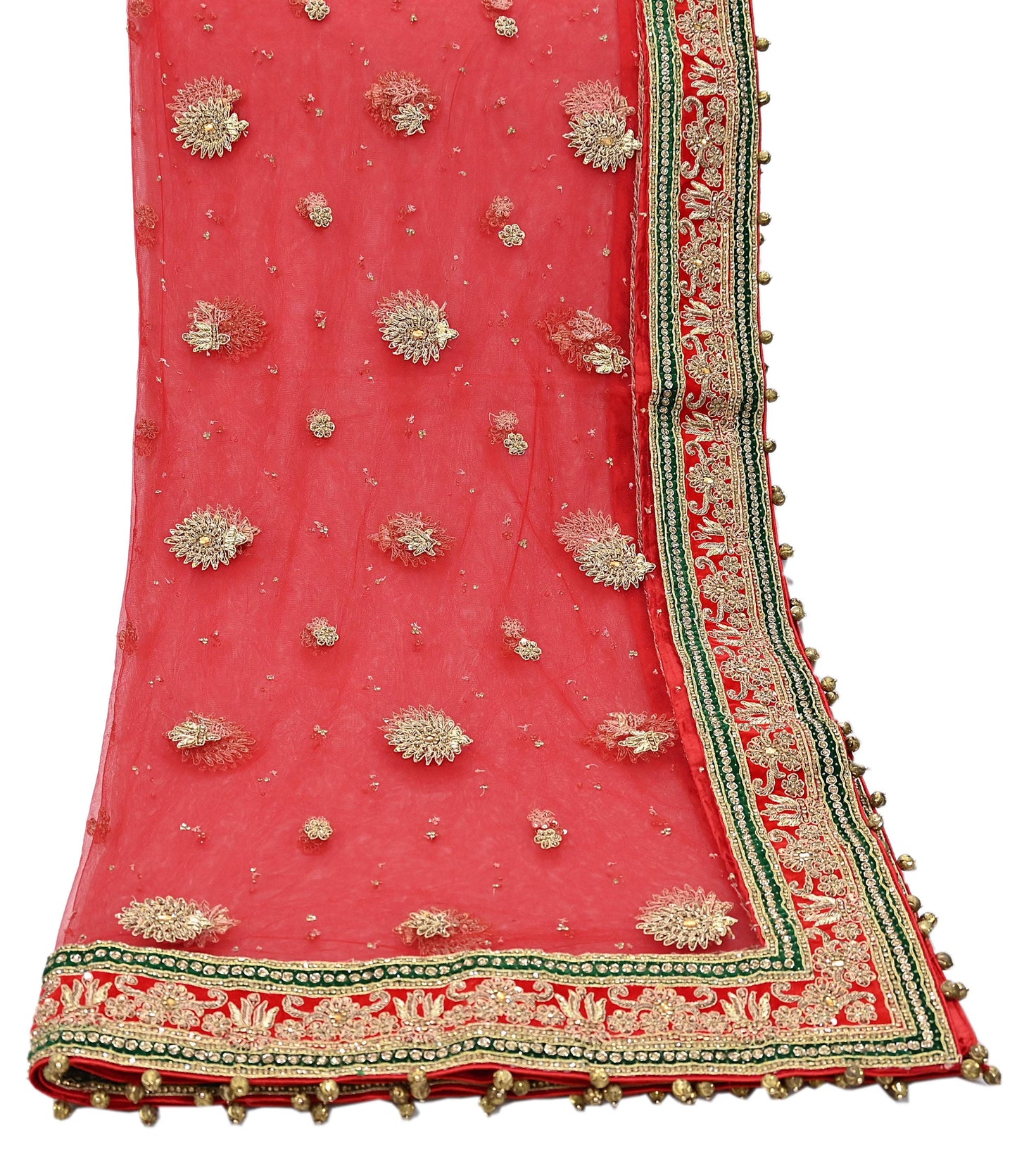 Indian Vintage Heavy Bridal Red Dupatta Net Mesh Long Stole Hand Embroidered Scarves Golden Zardozi Dabka Zari Sequins Wedding Veil Hijab