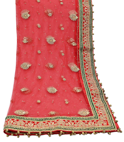 Indian Vintage Heavy Bridal Red Dupatta Net Mesh Long Stole Hand Embroidered Scarves Golden Zardozi Dabka Zari Sequins Wedding Veil Hijab