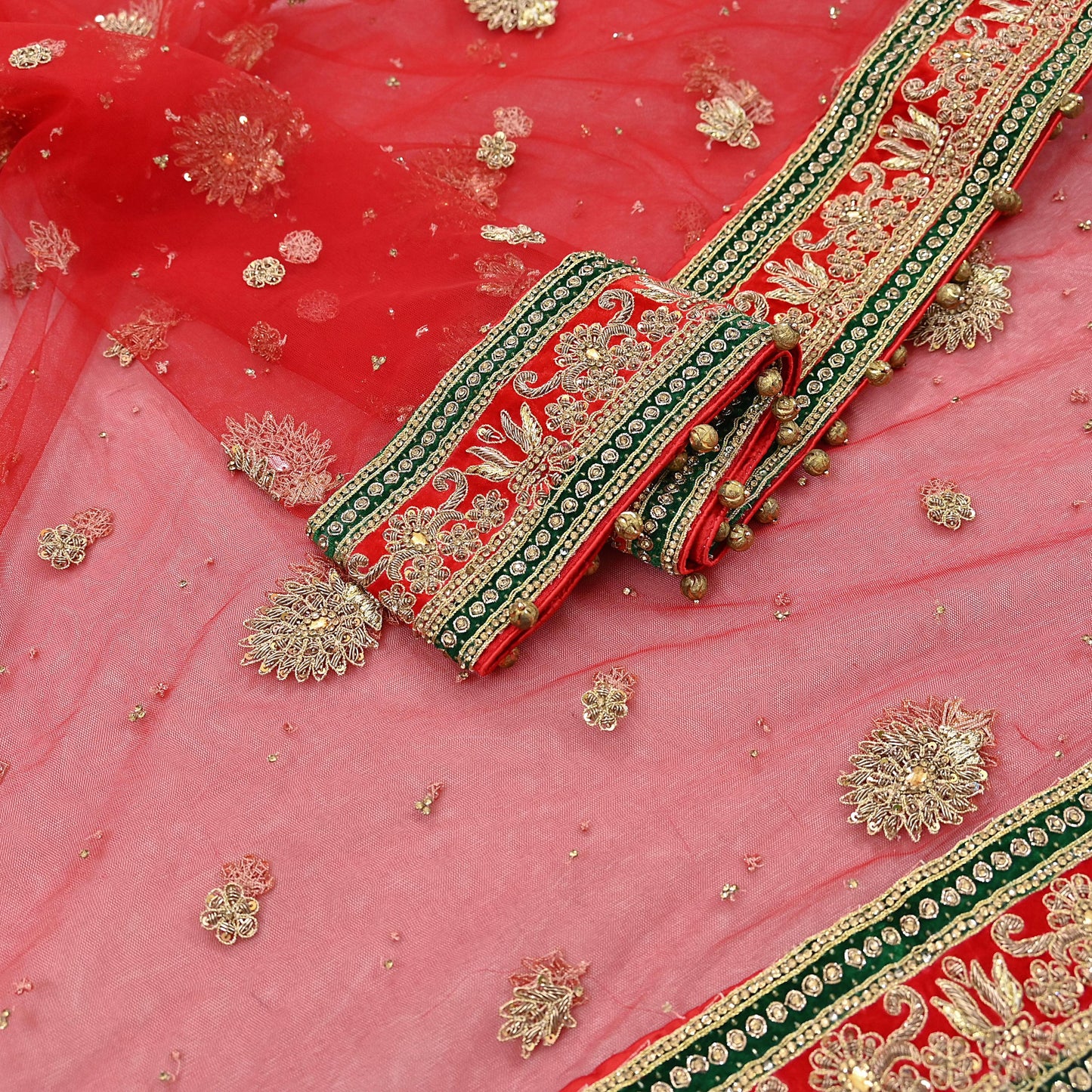 Indian Vintage Heavy Bridal Red Dupatta Net Mesh Long Stole Hand Embroidered Scarves Golden Zardozi Dabka Zari Sequins Wedding Veil Hijab