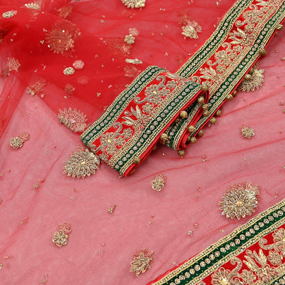 Indian Vintage Heavy Bridal Red Dupatta Net Mesh Long Stole Hand Embroidered Scarves Golden Zardozi Dabka Zari Sequins Wedding Veil Hijab