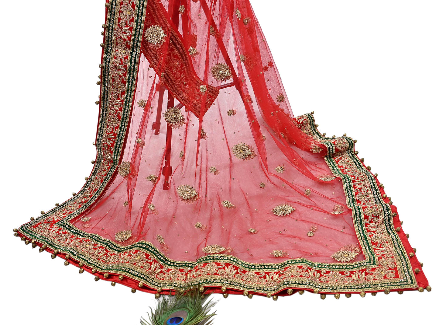 Indian Vintage Heavy Bridal Red Dupatta Net Mesh Long Stole Hand Embroidered Scarves Golden Zardozi Dabka Zari Sequins Wedding Veil Hijab
