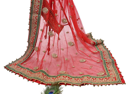 Indian Vintage Heavy Bridal Red Dupatta Net Mesh Long Stole Hand Embroidered Scarves Golden Zardozi Dabka Zari Sequins Wedding Veil Hijab