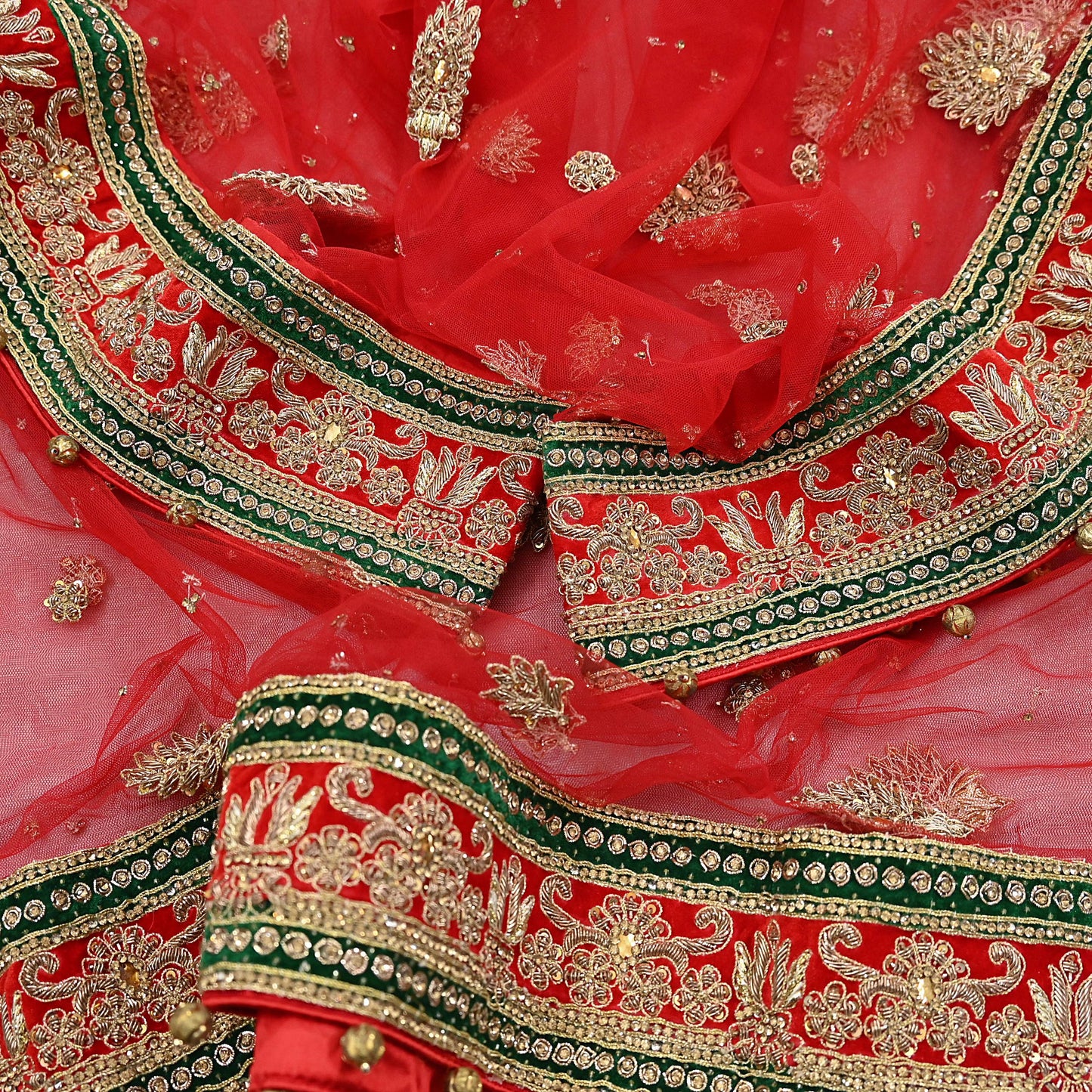 Indian Vintage Heavy Bridal Red Dupatta Net Mesh Long Stole Hand Embroidered Scarves Golden Zardozi Dabka Zari Sequins Wedding Veil Hijab