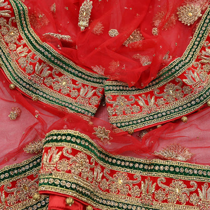 Indian Vintage Heavy Bridal Red Dupatta Net Mesh Long Stole Hand Embroidered Scarves Golden Zardozi Dabka Zari Sequins Wedding Veil Hijab
