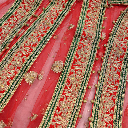 Indian Vintage Heavy Bridal Red Dupatta Net Mesh Long Stole Hand Embroidered Scarves Golden Zardozi Dabka Zari Sequins Wedding Veil Hijab