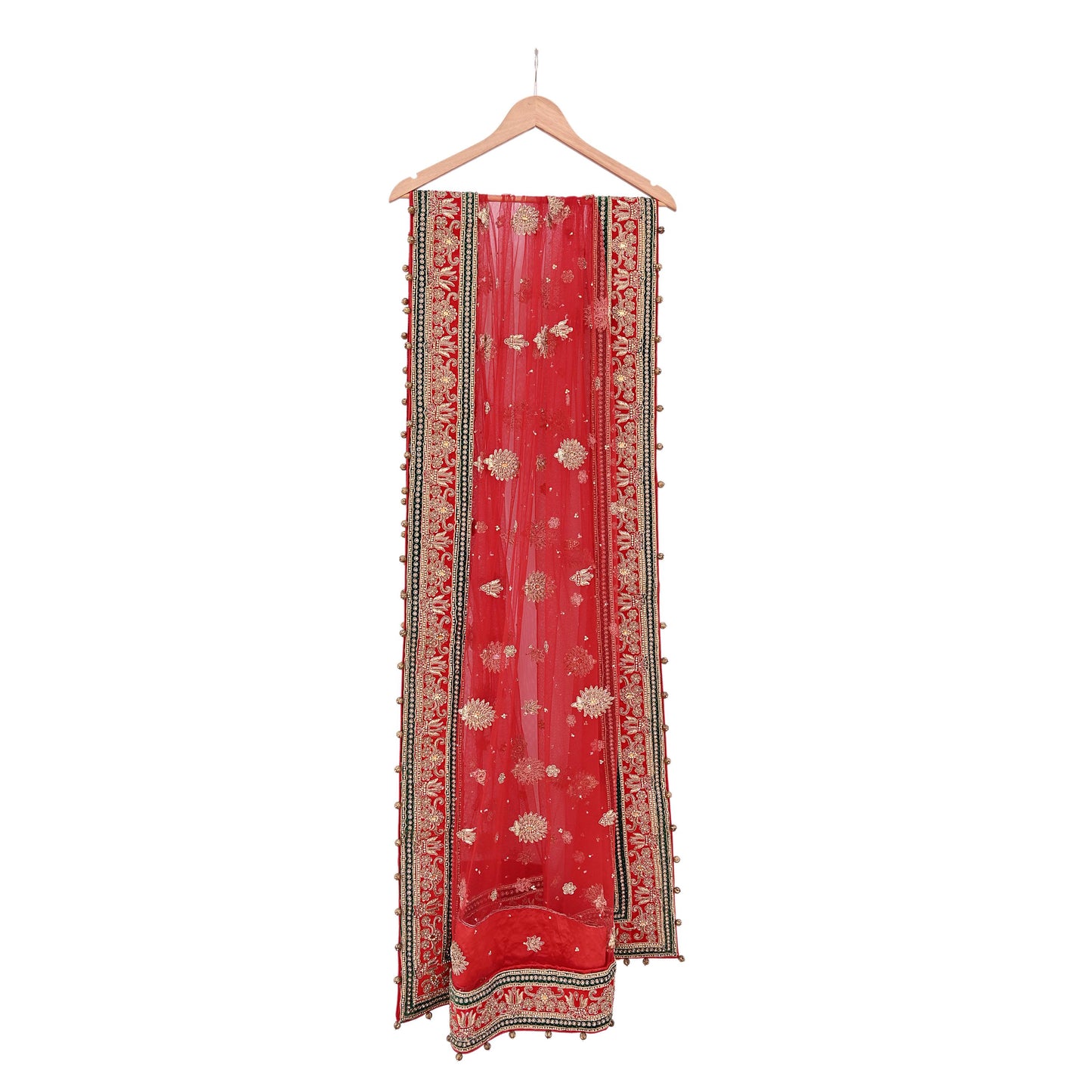 Indian Vintage Heavy Bridal Red Dupatta Net Mesh Long Stole Hand Embroidered Scarves Golden Zardozi Dabka Zari Sequins Wedding Veil Hijab