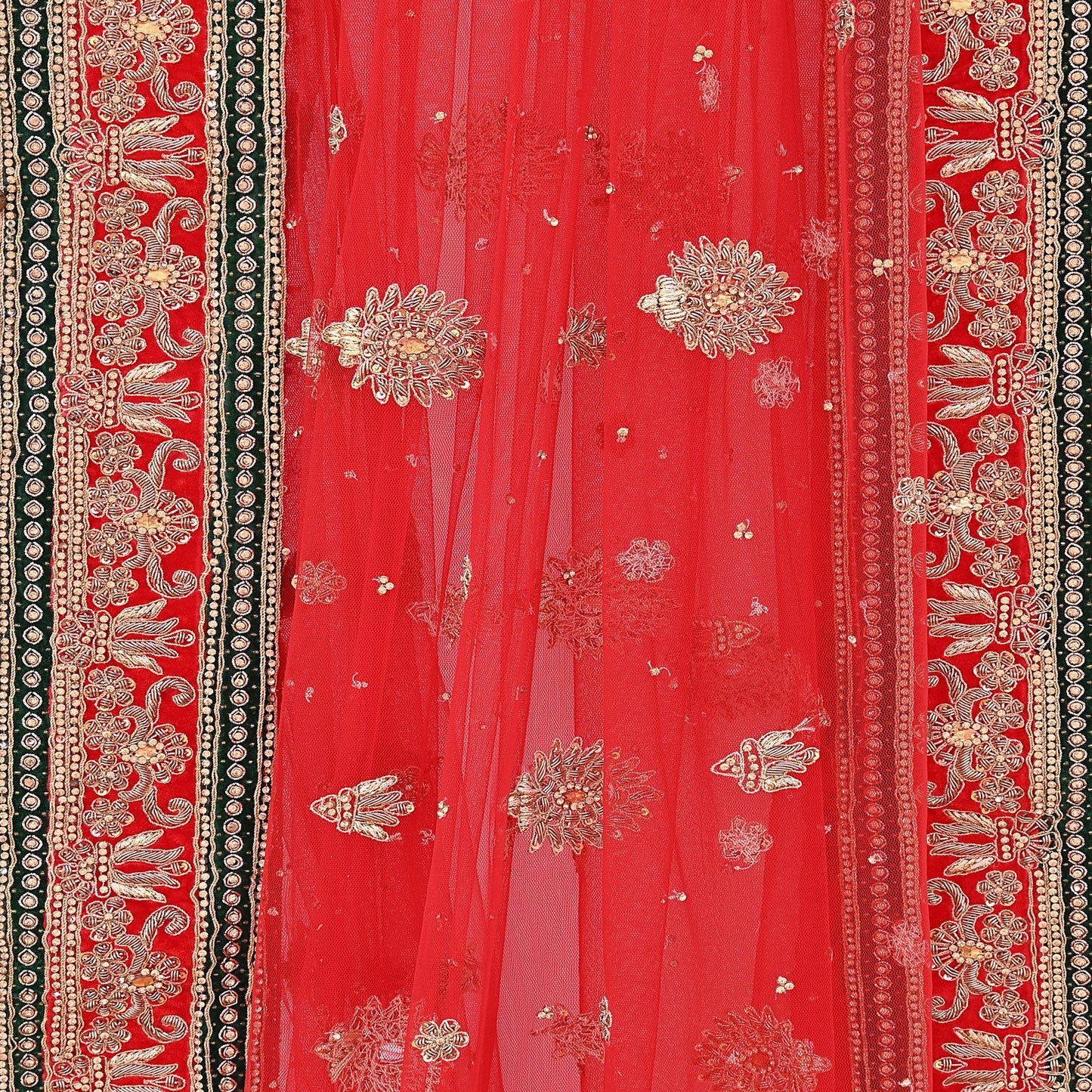 Indian Vintage Heavy Bridal Red Dupatta Net Mesh Long Stole Hand Embroidered Scarves Golden Zardozi Dabka Zari Sequins Wedding Veil Hijab