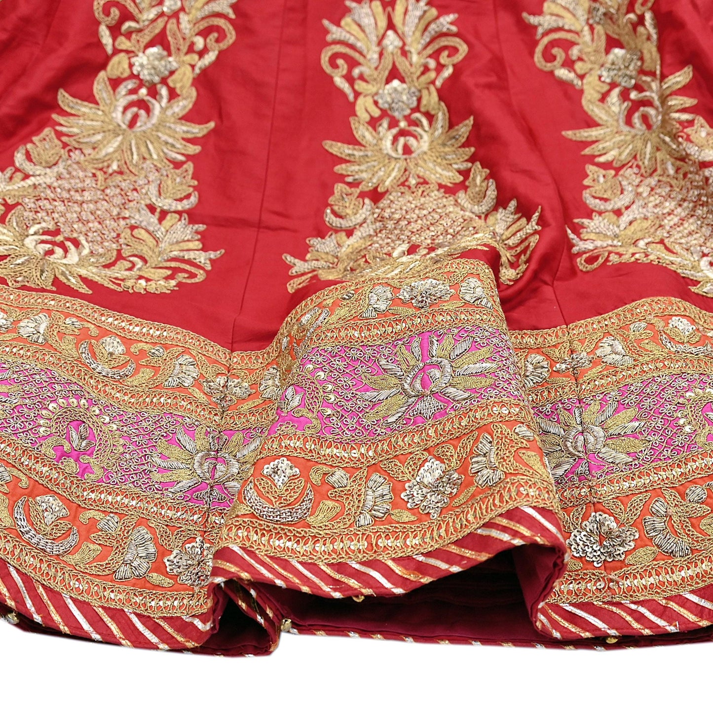 Indian Vintage Red Raw Silk Bridal Skirt, Gota patti Work Lehenga, Hand Embroidered Wedding Wear, Designer Abu Jani Festive Outfit