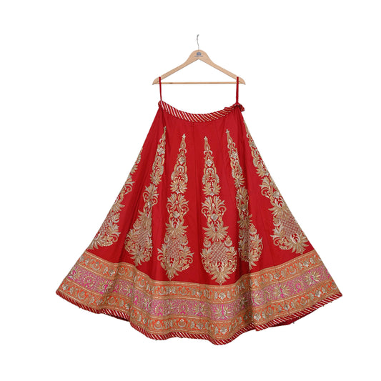 Indian Vintage Red Raw Silk Bridal Skirt, Gota patti Work Lehenga, Hand Embroidered Wedding Wear, Designer Abu Jani Festive Outfit