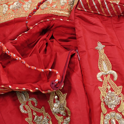 Indian Vintage Red Raw Silk Bridal Skirt, Gota patti Work Lehenga, Hand Embroidered Wedding Wear, Designer Abu Jani Festive Outfit