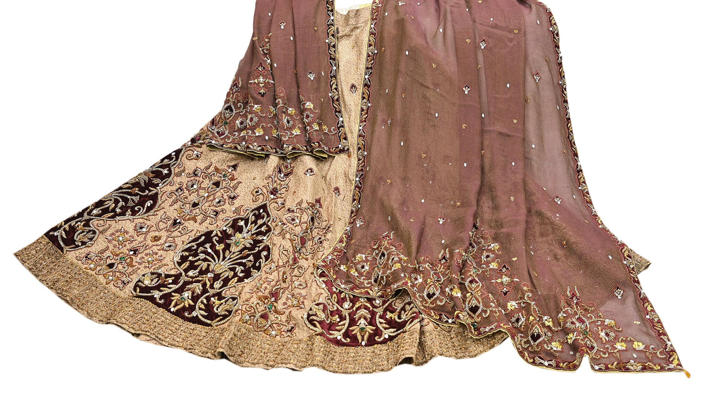 Indian Pre-owned Heavy Beige & maroon Organza/Pure Satin silk Hand Embroidered Lehenga/Dupatta/Choli Designer By Tarun Tahiliani
