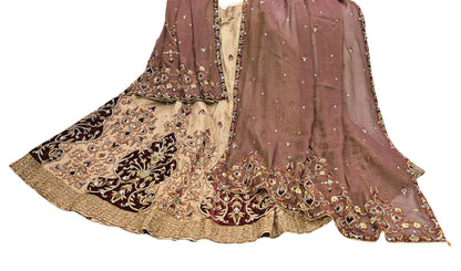 Indian Pre-owned Heavy Beige & maroon Organza/Pure Satin silk Hand Embroidered Lehenga/Dupatta/Choli Designer By Tarun Tahiliani