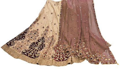 Indian Pre-owned Heavy Beige & maroon Organza/Pure Satin silk Hand Embroidered Lehenga/Dupatta/Choli Designer By Tarun Tahiliani
