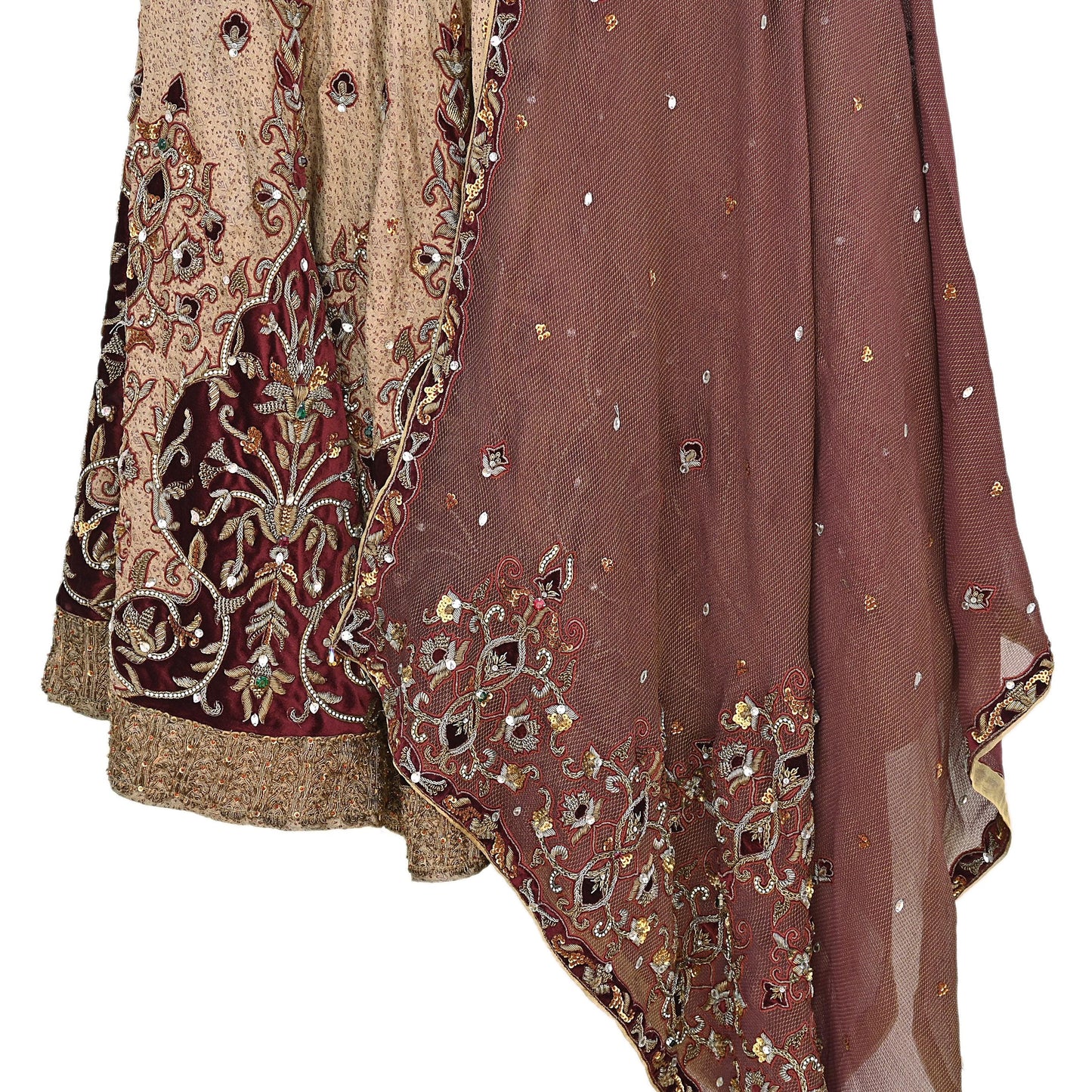 Indian Pre-owned Heavy Beige & maroon Organza/Pure Satin silk Hand Embroidered Lehenga/Dupatta/Choli Designer By Tarun Tahiliani