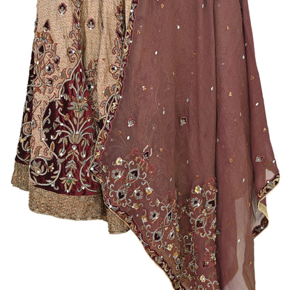 Indian Pre-owned Heavy Beige & maroon Organza/Pure Satin silk Hand Embroidered Lehenga/Dupatta/Choli Designer By Tarun Tahiliani