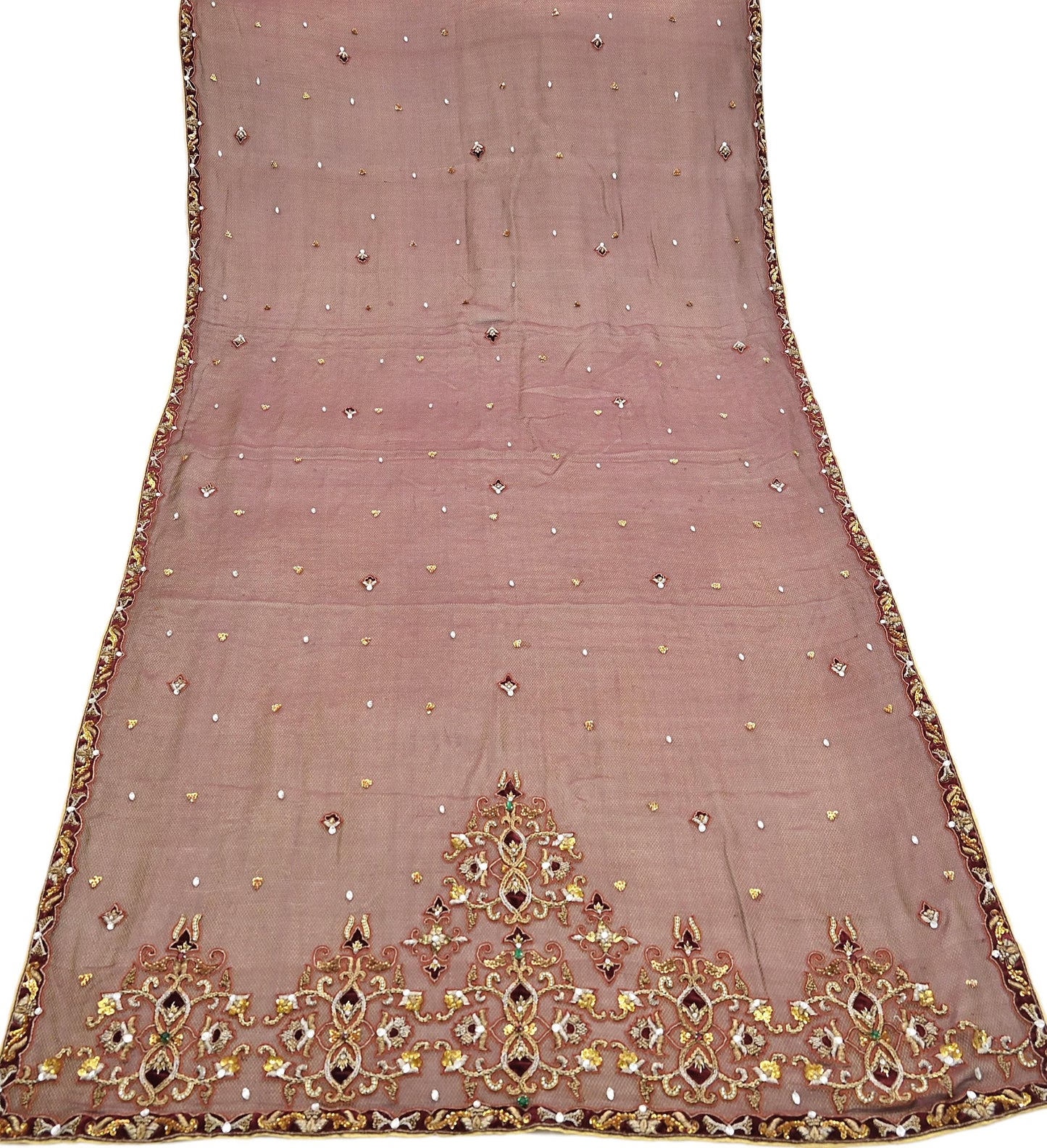 Indian Pre-owned Heavy Beige & maroon Organza/Pure Satin silk Hand Embroidered Lehenga/Dupatta/Choli Designer By Tarun Tahiliani