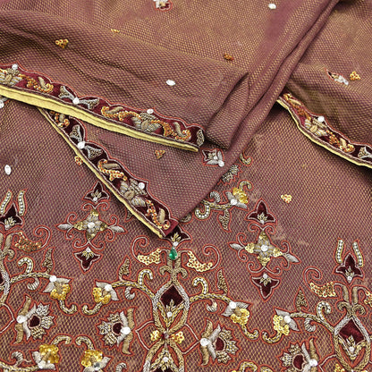Indian Pre-owned Heavy Beige & maroon Organza/Pure Satin silk Hand Embroidered Lehenga/Dupatta/Choli Designer By Tarun Tahiliani