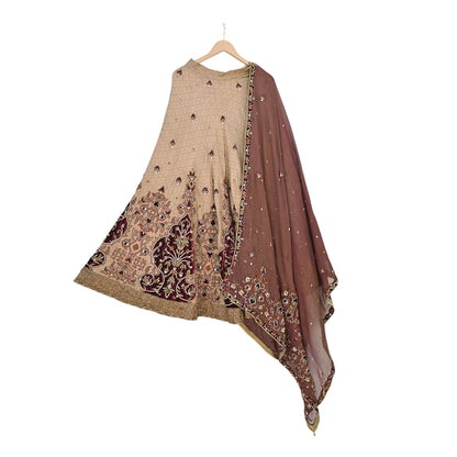Indian Pre-owned Heavy Beige & maroon Organza/Pure Satin silk Hand Embroidered Lehenga/Dupatta/Choli Designer By Tarun Tahiliani