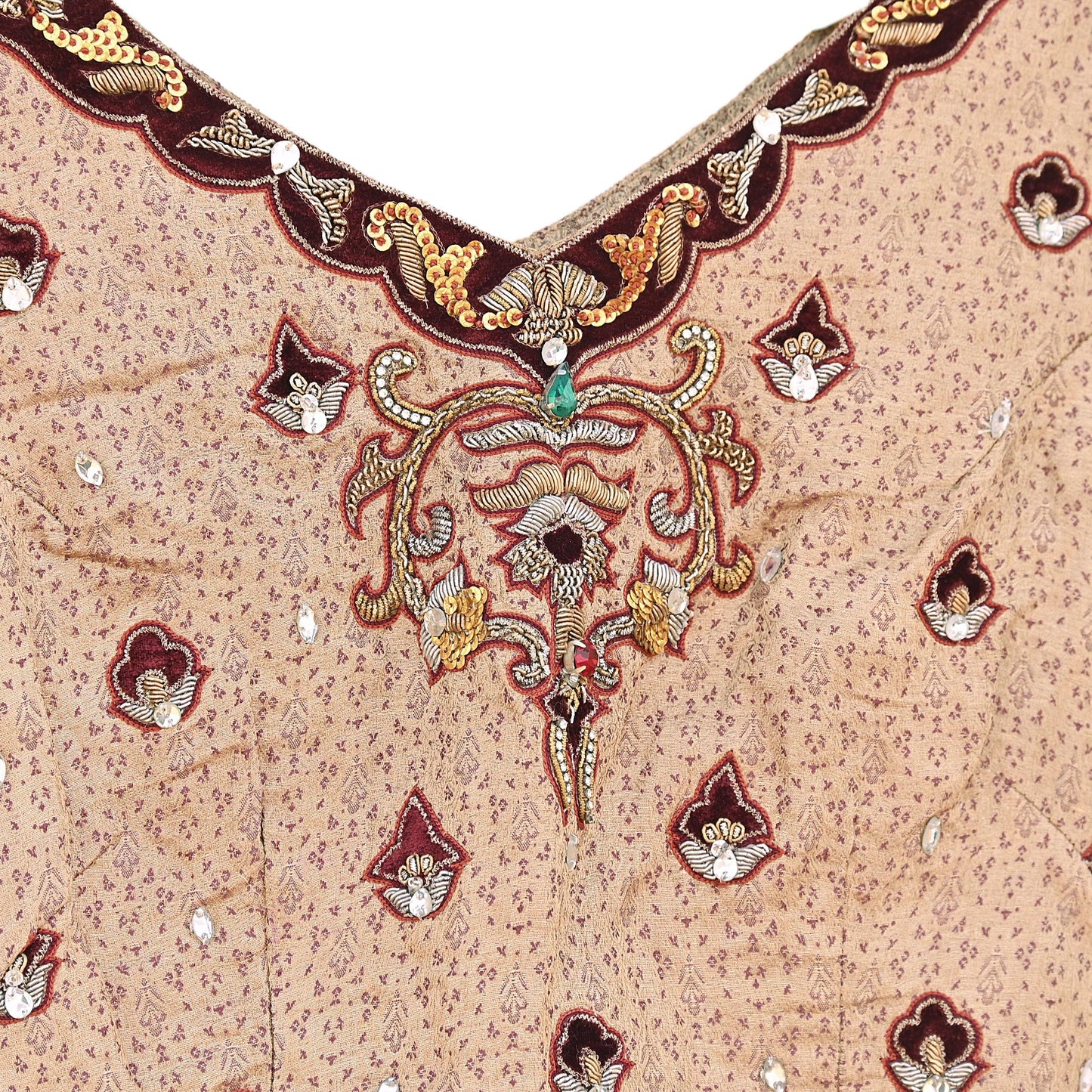 Indian Pre-owned Beige Satin Silk Hand Embroidered By Designer Tarun Tahiliani Blouse/Top/Crop M Size Party wear Bollywood