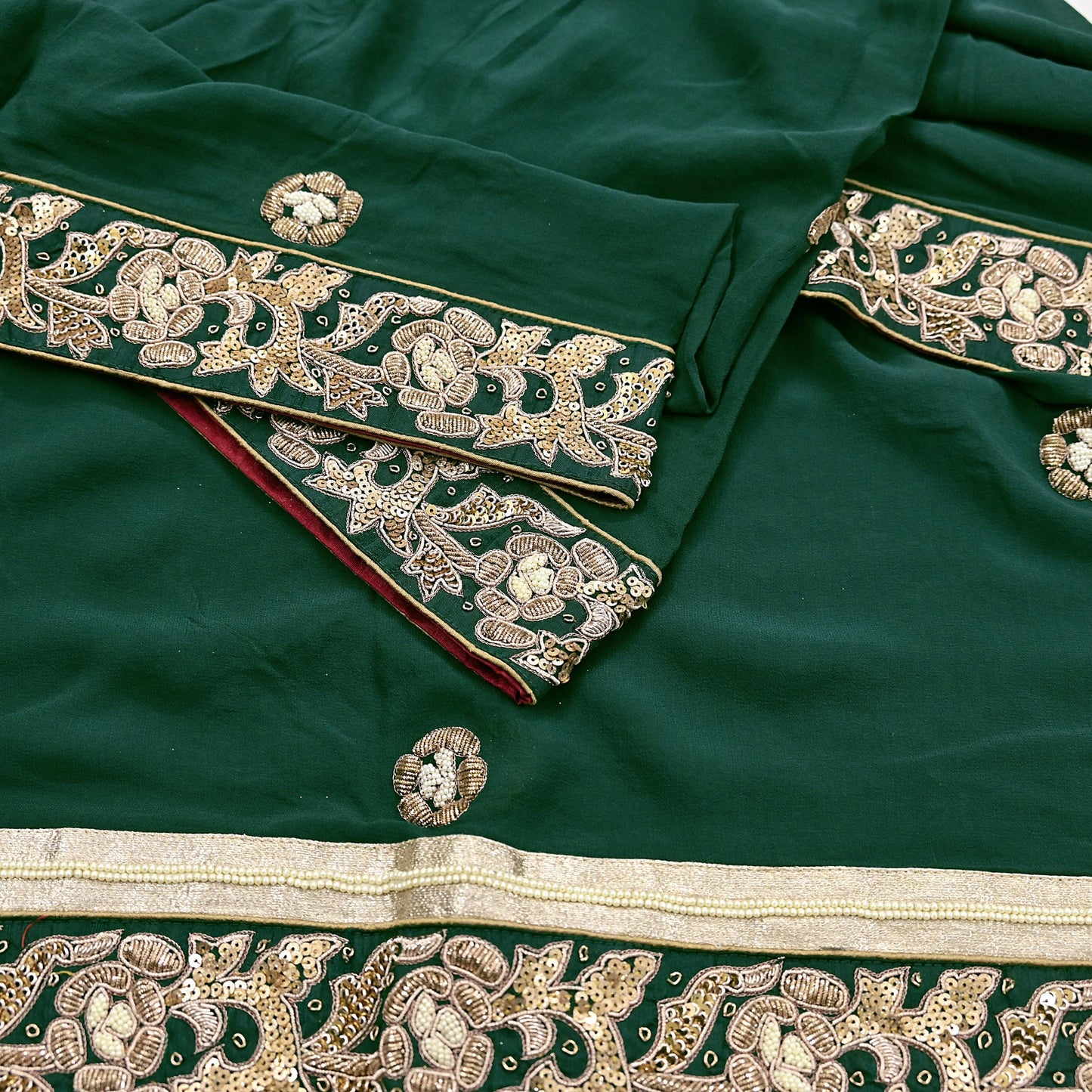 Indian Pre-Owned Party Wear Green & maroon Raw Silk, Pure Georgette Silk Hand Embroidered Lehenga 2pcs Set Designer By Anamika Khanna