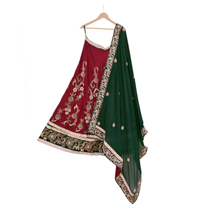 Indian Pre-Owned Party Wear Green & maroon Raw Silk, Pure Georgette Silk Hand Embroidered Lehenga 2pcs Set Designer By Anamika Khanna