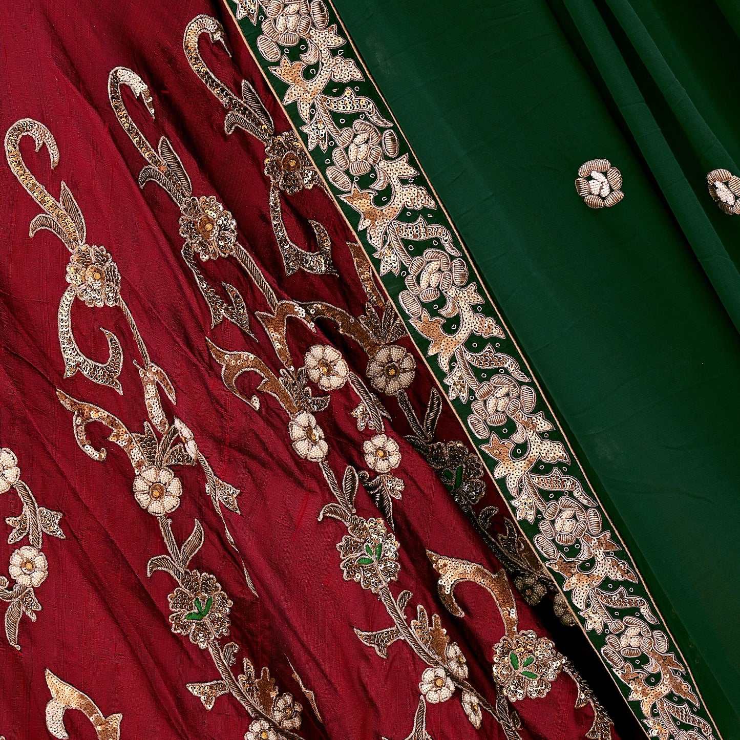 Indian Pre-Owned Party Wear Green & maroon Raw Silk, Pure Georgette Silk Hand Embroidered Lehenga 2pcs Set Designer By Anamika Khanna