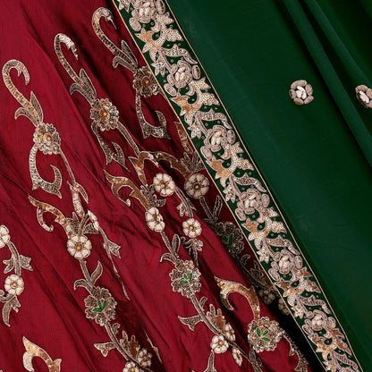 Indian Pre-Owned Party Wear Green & maroon Raw Silk, Pure Georgette Silk Hand Embroidered Lehenga 2pcs Set Designer By Anamika Khanna