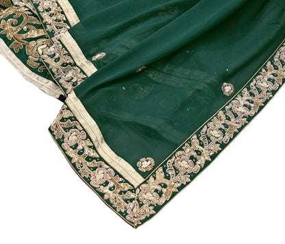 Indian Pre-Owned Party Wear Green & maroon Raw Silk, Pure Georgette Silk Hand Embroidered Lehenga 2pcs Set Designer By Anamika Khanna