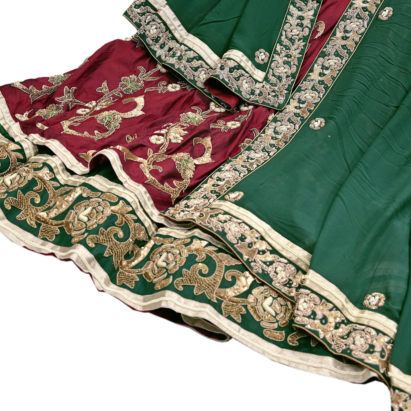Indian Pre-Owned Party Wear Green & maroon Raw Silk, Pure Georgette Silk Hand Embroidered Lehenga 2pcs Set Designer By Anamika Khanna