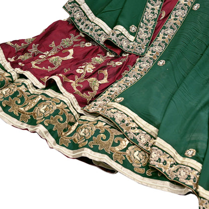 Indian Pre-Owned Party Wear Green & maroon Raw Silk, Pure Georgette Silk Hand Embroidered Lehenga 2pcs Set Designer By Anamika Khanna