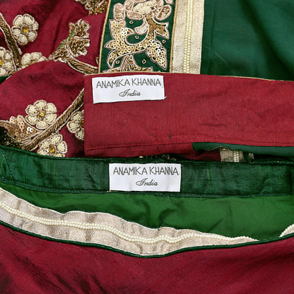 Indian Pre-Owned Party Wear Green & maroon Raw Silk, Pure Georgette Silk Hand Embroidered Lehenga 2pcs Set Designer By Anamika Khanna