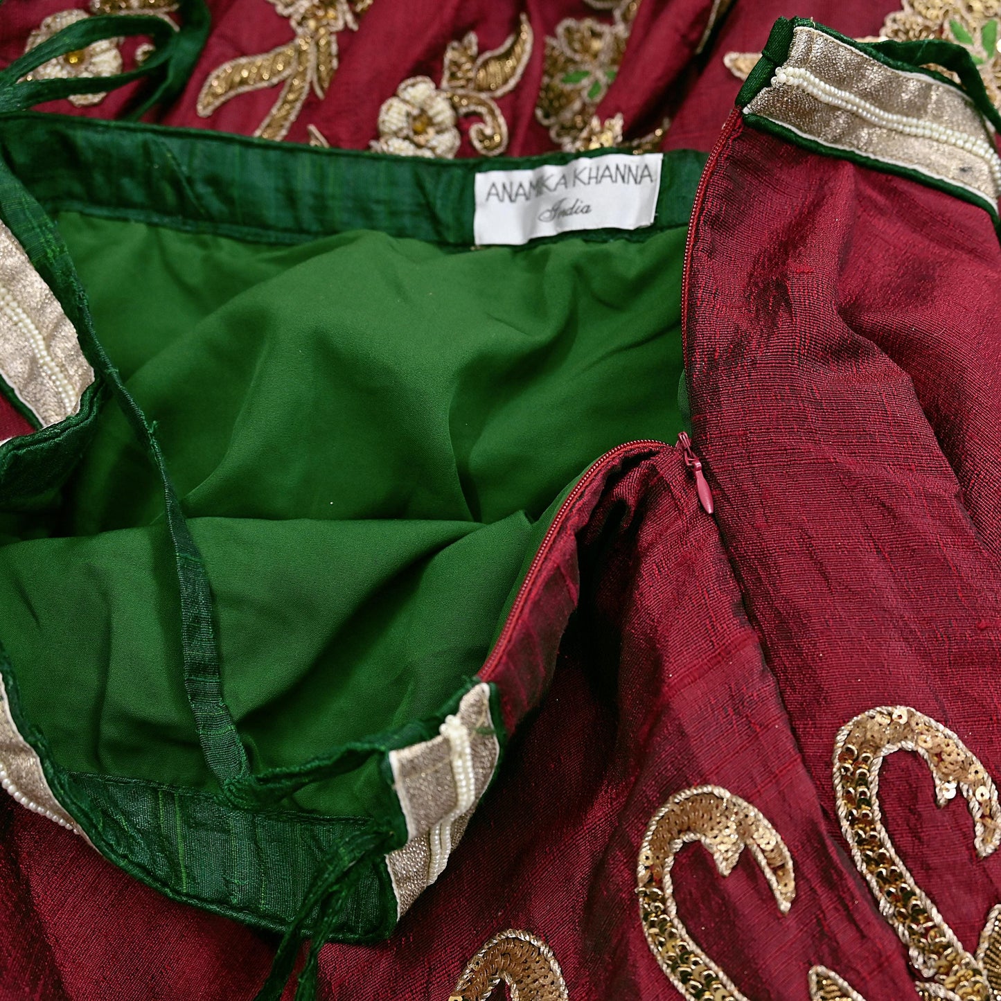 Indian Pre-Owned Party Wear Green & maroon Raw Silk, Pure Georgette Silk Hand Embroidered Lehenga 2pcs Set Designer By Anamika Khanna