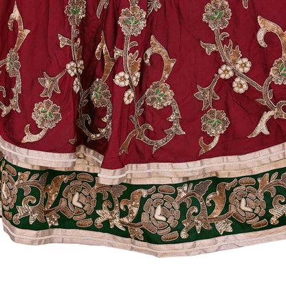 Party wear Heavy Maroon Raw Silk Hand Embroidered Lehenga Skirt by Designer Anamika Khanna Bridal Wear Indian Couture Fashion