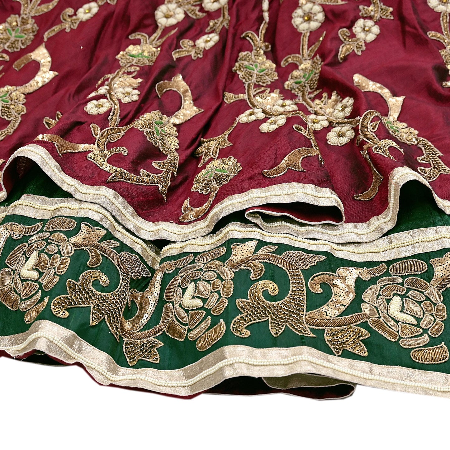 Party wear Heavy Maroon Raw Silk Hand Embroidered Lehenga Skirt by Designer Anamika Khanna Bridal Wear Indian Couture Fashion