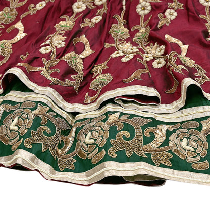 Party wear Heavy Maroon Raw Silk Hand Embroidered Lehenga Skirt by Designer Anamika Khanna Bridal Wear Indian Couture Fashion