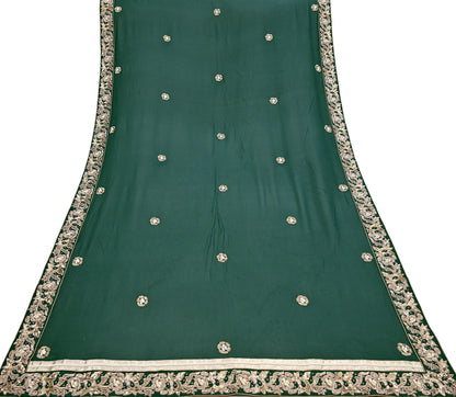 Indian Vintage Heavy Bottle Green Pure Georgette Silk Hand Embroidered Dupatta Designer By Anamika Khanna Bridal Wear Dabka Veil Hijab