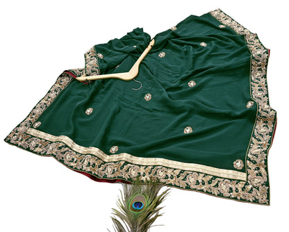 Indian Vintage Heavy Bottle Green Pure Georgette Silk Hand Embroidered Dupatta Designer By Anamika Khanna Bridal Wear Dabka Veil Hijab