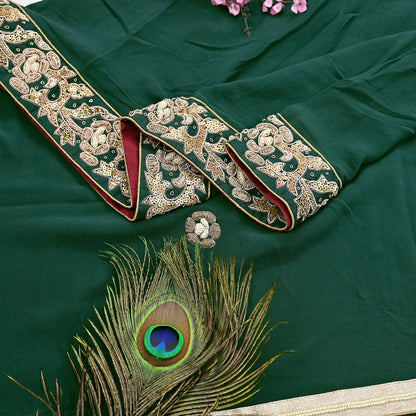 Indian Vintage Heavy Bottle Green Pure Georgette Silk Hand Embroidered Dupatta Designer By Anamika Khanna Bridal Wear Dabka Veil Hijab