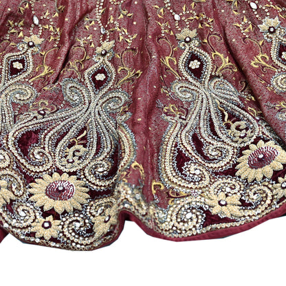 Party wear Heavy Maroon Pure Satin Silk Hand Embroidered Brocade Lehenga Skirt by Designer Tarun Tahiliani Bridal Wear Fashion