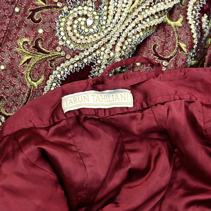 Party wear Heavy Maroon Pure Satin Silk Hand Embroidered Brocade Lehenga Skirt by Designer Tarun Tahiliani Bridal Wear Fashion