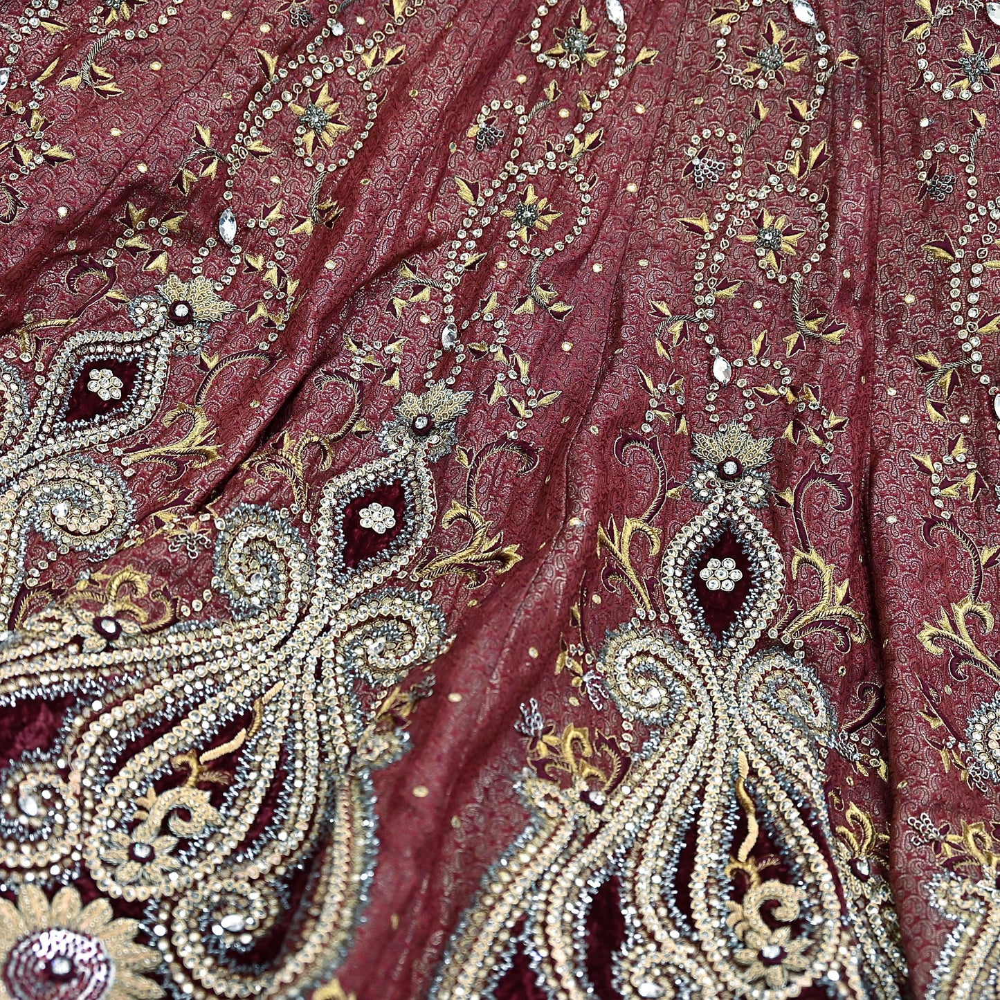 Party wear Heavy Maroon Pure Satin Silk Hand Embroidered Brocade Lehenga Skirt by Designer Tarun Tahiliani Bridal Wear Fashion