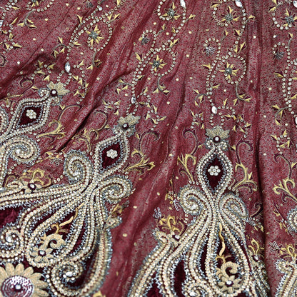 Party wear Heavy Maroon Pure Satin Silk Hand Embroidered Brocade Lehenga Skirt by Designer Tarun Tahiliani Bridal Wear Fashion