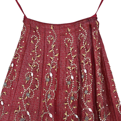 Party wear Heavy Maroon Pure Satin Silk Hand Embroidered Brocade Lehenga Skirt by Designer Tarun Tahiliani Bridal Wear Fashion