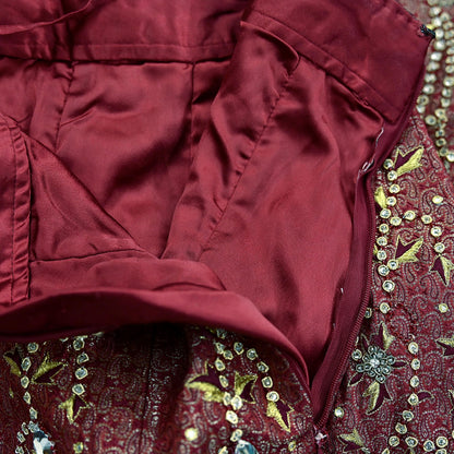 Party wear Heavy Maroon Pure Satin Silk Hand Embroidered Brocade Lehenga Skirt by Designer Tarun Tahiliani Bridal Wear Fashion