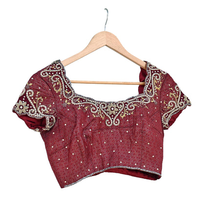 Indian Pre-owned Maroon Satin Silk Hand Embroidered Brocade By Designer Tarun Tahiliani Blouse/Top/Crop M Size Party wear Bollywood