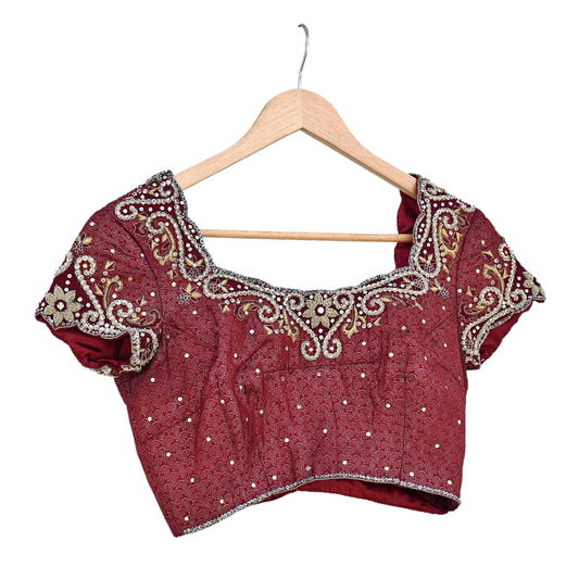 Indian Pre-owned Maroon Satin Silk Hand Embroidered Brocade By Designer Tarun Tahiliani Blouse/Top/Crop M Size Party wear Bollywood