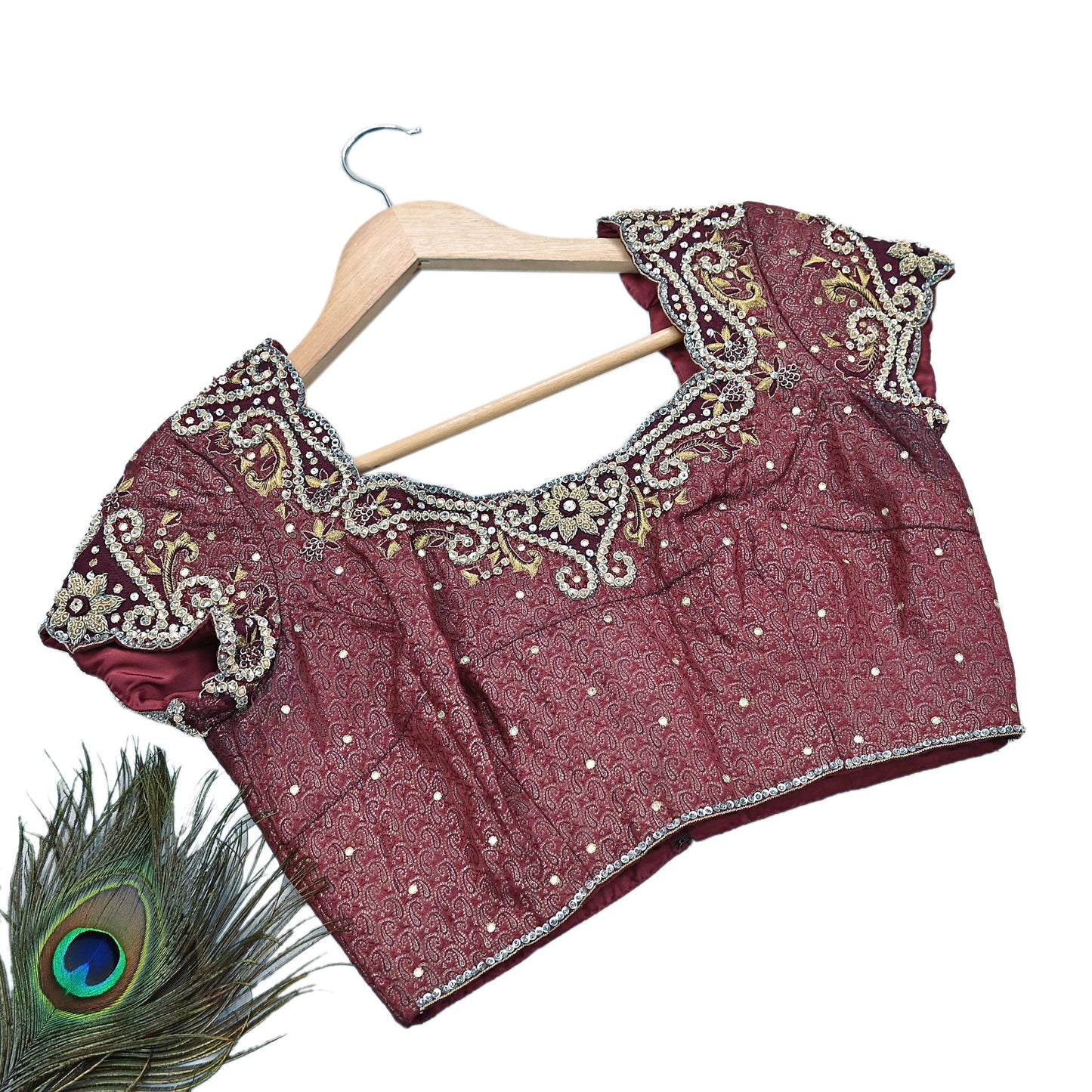 Indian Pre-owned Maroon Satin Silk Hand Embroidered Brocade By Designer Tarun Tahiliani Blouse/Top/Crop M Size Party wear Bollywood