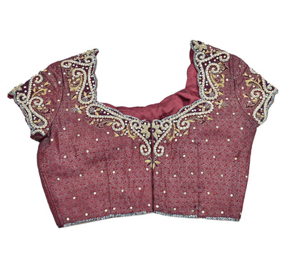 Indian Pre-owned Maroon Satin Silk Hand Embroidered Brocade By Designer Tarun Tahiliani Blouse/Top/Crop M Size Party wear Bollywood