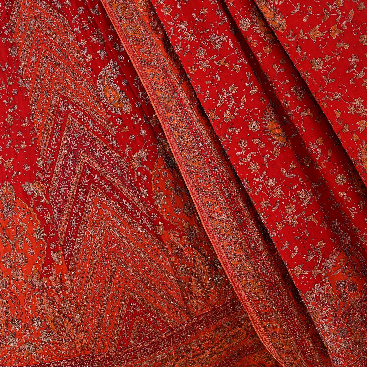 Indian Pre-owned Orange & Red Pure Silk Hand Embroidered Ritu Kumar Designer Lehenga 3pcs Set Ethnic Bollywood Party Wear
